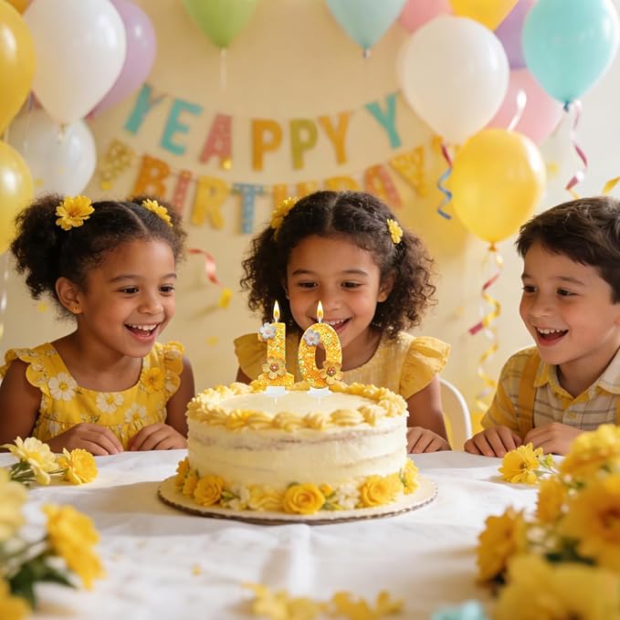 Yellow Birthday Candle, Flower Number Birthday Candles for Cake, Ideal Birthday Parties Cake Decor, Wedding Anniversary and Other Celebrations (0 Candle, Yellow)
