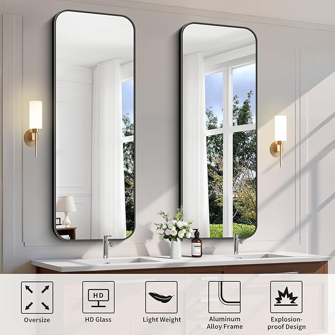 FORBATH Bathroom Mirror 20" x 55", Rectangle Black Bathroom Mirror with Black Aluminum Frame Rounded Corner, Wall Mounted Mirror for Bedroom Entryway Living Room