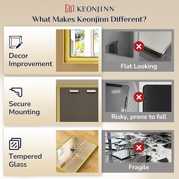 Keonjinn 55" x 30" Gold Bathroom Mirror, Brushed Gold Metal Framed Mirrors, Beveled Tempered Glass, Shatterproof, Aluminum Alloy, Decorative Rectangular Vanity Mirror, Wall Mirrors for Over Sink