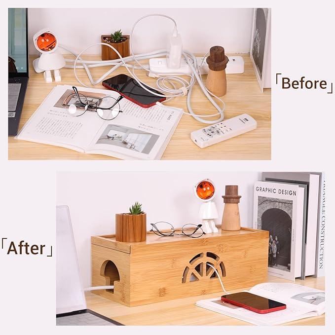 Extra Large Cable Management Box with Lid, Bamboo Cable Box for Cords, Power Strips or Surge Protectors, Hide Loose Wires Behind TVs, Home, Computers, Office Desks by HTB