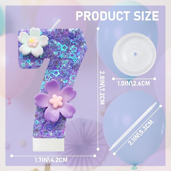 Purple Flower Birthday Candle,Number Birthday Candles for Cake, Ideal Birthday Parties Cake Decor, Wedding Anniversary and Other Celebrations (Number 7, Purple)
