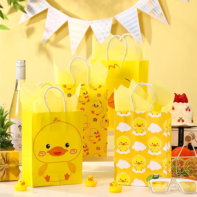 Epakh 24 Pcs Duck Party Favors Bags Yellow Duck Gift Bag with Handles Tissue Paper Treat Goodie Candy Favor Tote Boxes for Baby Shower Birthday Party Supplies