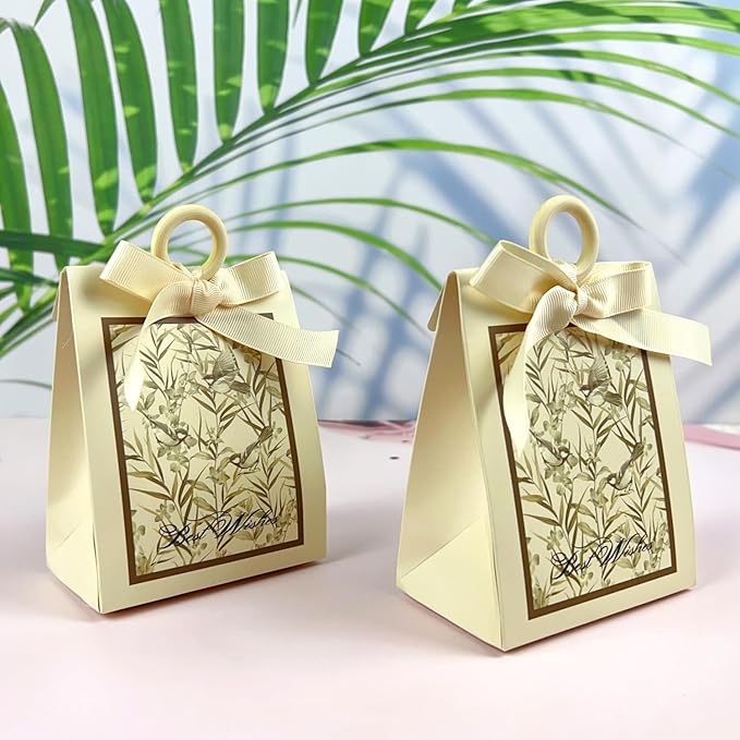 20PCS Mini Gift Bags, Bird & Flower Goodie Bags with Ribbon Handle for Party Favors Treat Boxes Wedding Bridal Baby Shower Birthday Party Presents 3.9"x2.6"x1.4"(Ivory White)