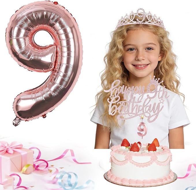 9th Birthday Decorations for Girls, Including Sash, Crown Tiara, Candles, Cake Toppers, 9rd Birthday Gifts for Girls