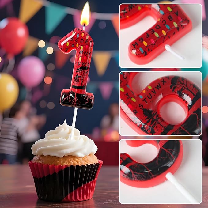 Red Number 11 Birthday Candle for Cake – Dark Horror Style with Alphabet Print & Shadow Design – Unique Cake Topper for Birthday, Anniversary, Themed Party Decoration