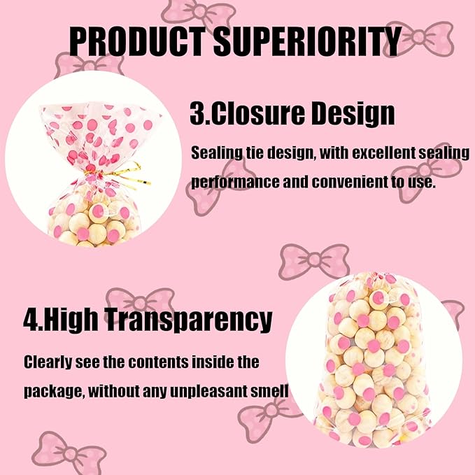 EatnMgan 200Pcs Cellophane Treat Bags,10.8 x 4.9Inch Plastic Candy Bags,Cellophane Bags,Goodie Candy with 220Pcs Twist Ties for Valentine, Birthday, Gift Cookie Snack Packing Party Favor Supplies (Pink)