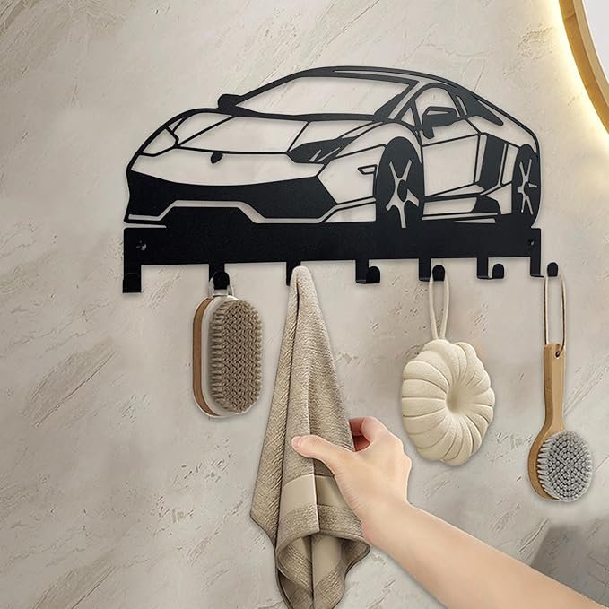 Metal Car Key Holder for Wall,Metal Key Organizer Wall Decorative with 7 Hooks,Black Wall Mount Key Holder for Entryway,Front Door,Hallway,Office