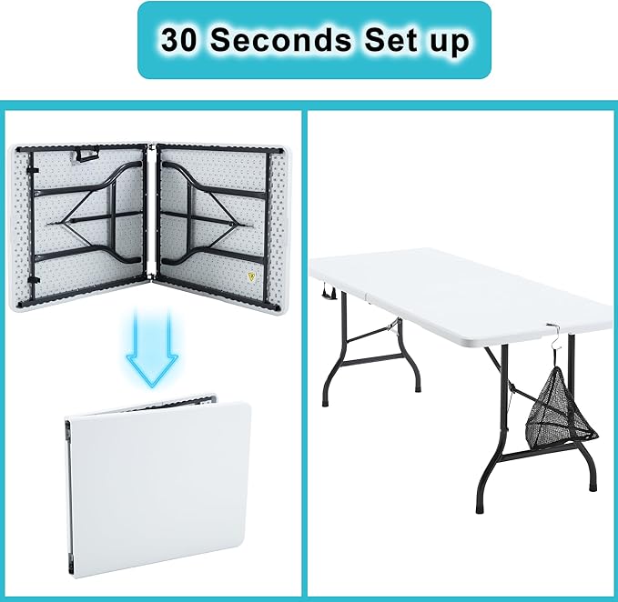 VECELO 6 FT Thick Top Picnic Table with Portable Mesh Bag, Folding Table with Strong Side Support, 500lbs Capacity for Outdoor Camping, Party, Dining - White