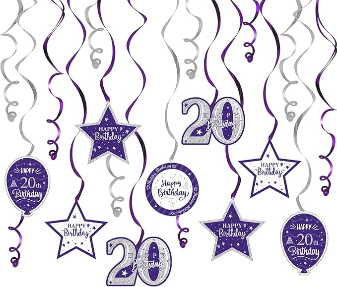Happy 20th Birthday Purple & Silver Glitter Swirls Streamers Party Decorations - 15 Pcs 20th Birthday Hanging Swirls Streamers Kit,Cheers to Twenty Years Old Bday Party Sign.