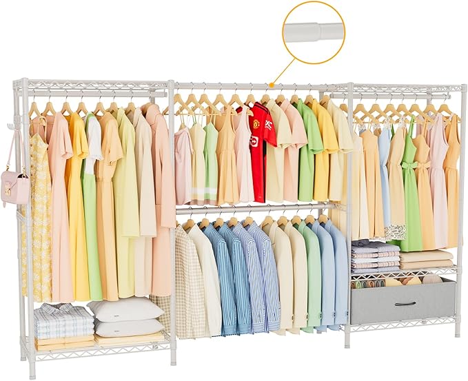 Golpart Coat Rack Clothes Wardrobe：Closet Organizer and Storage Clothing Garment Rack with Shelves Heavy Duty for Hanging Clothes Portable Adjustable White 15.8" DX(70-88)" WX76.5 H