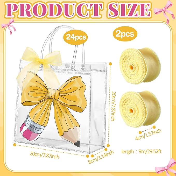 Motipuns 24 Pcs Clear PVC Gift Bags with Handles and Ribbon Party Favor Reusable Plastic Goodie Candy Treat Bags for Birthday Party Supplies (Pencil)