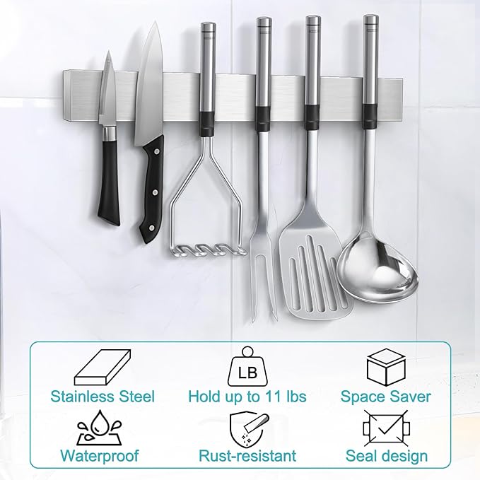 Magnetic Knife Holder for Wall, No Drilling Magnetic Knife Strip Adhesive Knife Holder Magnet Knife Bar, Wall Mount Knife Rack Block Metal Tool Holder for Utensils RV Kitchen Organization, 14 Inch