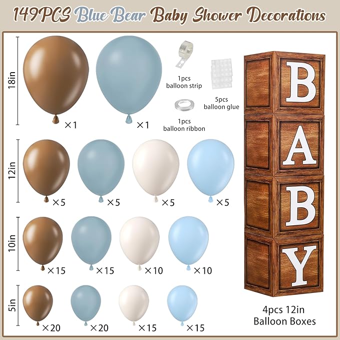 Blue Bear Baby Shower Decorations, 149pcs Dusty Blue and Brown Balloon Garland Arch Kit With Wood Grain Baby Boxes for Bear Baby Shower Decorations Gender Reveal