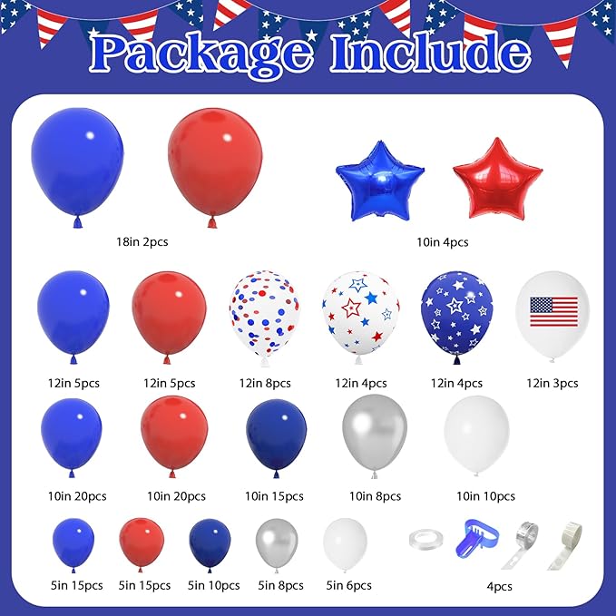 166Pcs Red White and Blue Balloons Garland Arch Kit, Memorial Day 4th of July Party Decorations Nautical Patriotic Flag Star Foil Balloons for Independence Baby Shower Baseball Veterans Party Supplies