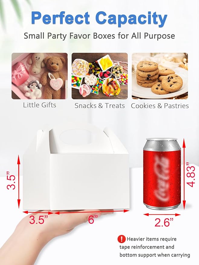 50 Pcs Small Party Treat Boxes, 6 Inch Candy Cookie Goodie Gift Bags Gable Box for Kids Birthday Party, White