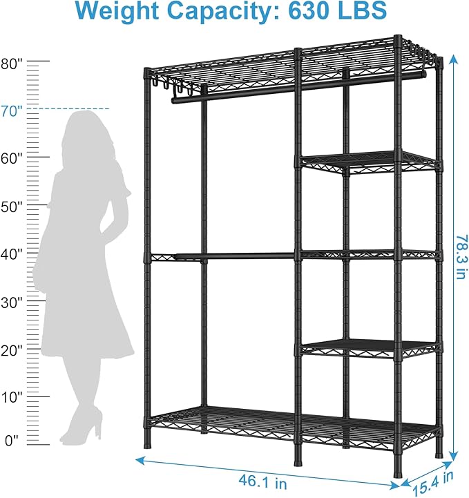 Ulif F2 Clothes Rack, 5 Tiers Heavy Duty Garment Rack for Bedroom, Freestanding Adjustable Closet Storage Organizer, 46.1" W x 15.4" D x 78.3" H, Load 630lbs, Upgraded Black