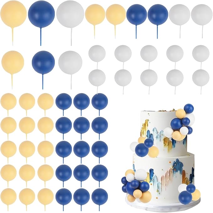 52 Pcs Ball Cake Decorations - Blue Yellow White Ball Dessert Picks Cake Cupcake Toppers, Birthday Party Baby Shower Gender Reveal Cake Supplies