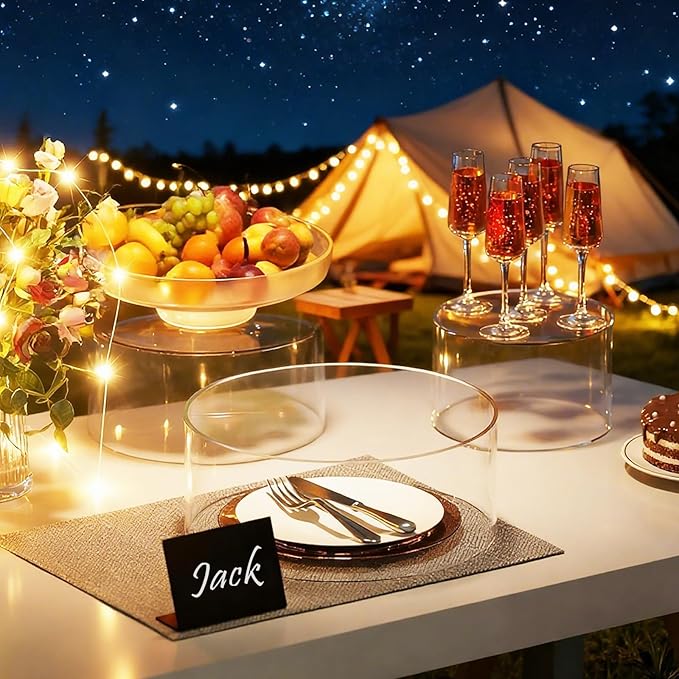 3 Pcs Acrylic Cake Stand Set with LED Lights – 6'', 8'', 10'' Clear Round Fillable Display Risers with 3 Mini Signs & 2 Marker Pens for Wedding, Birthday, Party, Buffet Food and Dessert Display