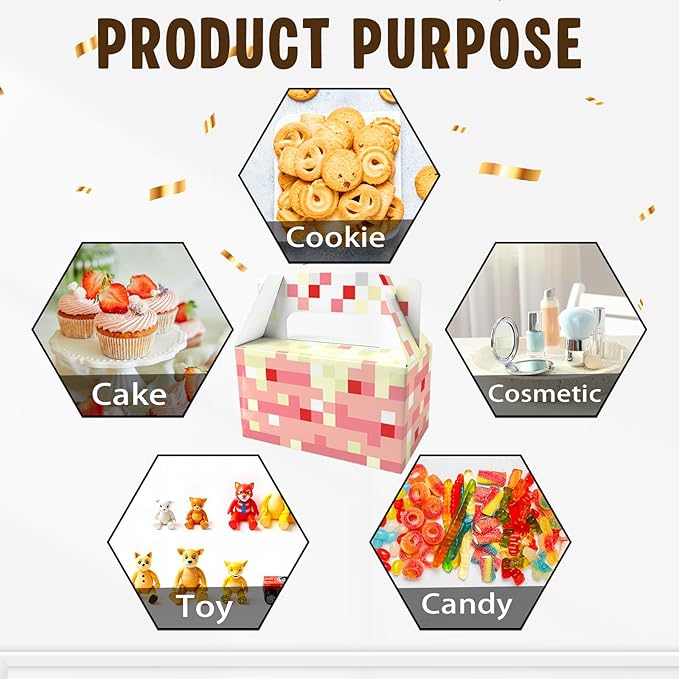 12 Pack Pixel Style Cake Party Favor Boxes with Handles, Mining World Theme Pink Cake Blocks Gift Boxes for Boys Girls Kids, Snack Containers for Cookies Cupcakes, Pixel Mining Game Party Decorations