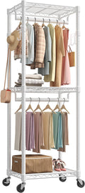 NEWBULIG Heavy Duty Adjustable Clothes Rack with Wheels, Adjustable Rolling Metal Freestanding Garment Closet Organizer with Double Rods & 2 Side Hooks for Hanging Clothes, 23" x 15" x 75", White