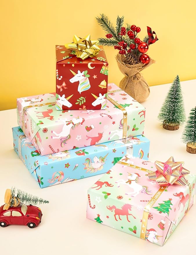 WERNNSAI Christmas Wrapping Paper - 3 Rolls 17” x 120” Christmas Unicorn Wrapping Paper Rolls Christmas Gift Wrap Paper Girls Birthday Wrapping Paper Holiday Wrapping Paper Unicorn Gift Wrap Paper
