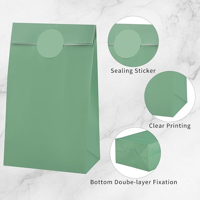 woric 36PCS Sage Green Party Favor Bags with Stickers Small Paper Gift Bags Self Stand Goodie Bag for Kids, Baby Shower, Wedding Birthday Party Favor Supplies