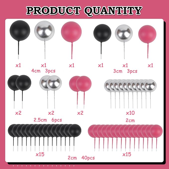 52 Pcs Cake Decorations - Rose Pink Black Silver Ball Dessert Picks, Cupcake Toppers for Girls Women, Birthday Party, Baby Shower, Gender Reveal Cake Supplies