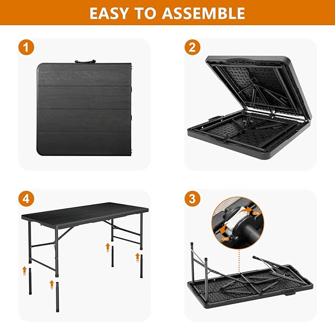 4 Ft Plastic Folding Table,Heavy Duty Portable Table for Indoor & Outdoor,Wood Grain Desktop & 350lbs Weight Capacity,Premium Solutions for Camping,Picnic,BBQ and Party