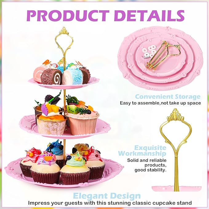 6 Sets Tea Party Decorations of 3 Tier Plastic Cupcake Stand Dessert Plates Cake Fruit Candy Display Tower for Wedding Birthday Baby Shower Tea Party Decorations(Round)