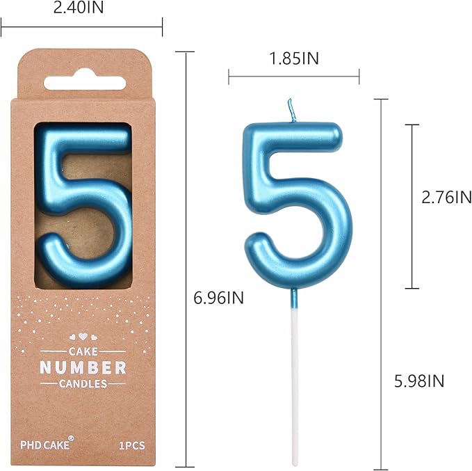 PHD CAKE 2.76 inch Classical Blue 5 Number Birthday Candles, Blue Number Candles, Cake Number Candles, Party Celebration