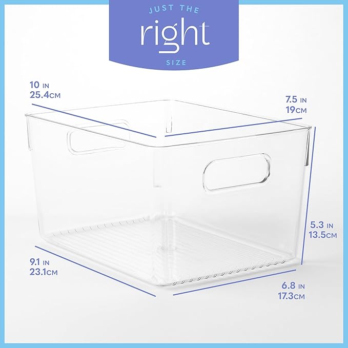 Plastic Food Storage 8 Pack Clear Container Bin with Handles for Organizing Kitchen, Pantry, Refrigerator, Freezer, Pantry, Cabinet, Closet, Bathroom. 10”x7.5”x5.3”