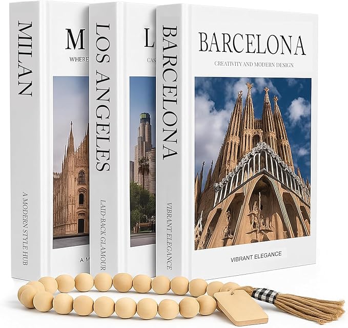 Decorative Coffee Table Book Set – 3 Neutral Hardcover Books with Blank Pages for Home Styling – Travel-Inspired Display Featuring Barcelona, Milan & Los Angeles