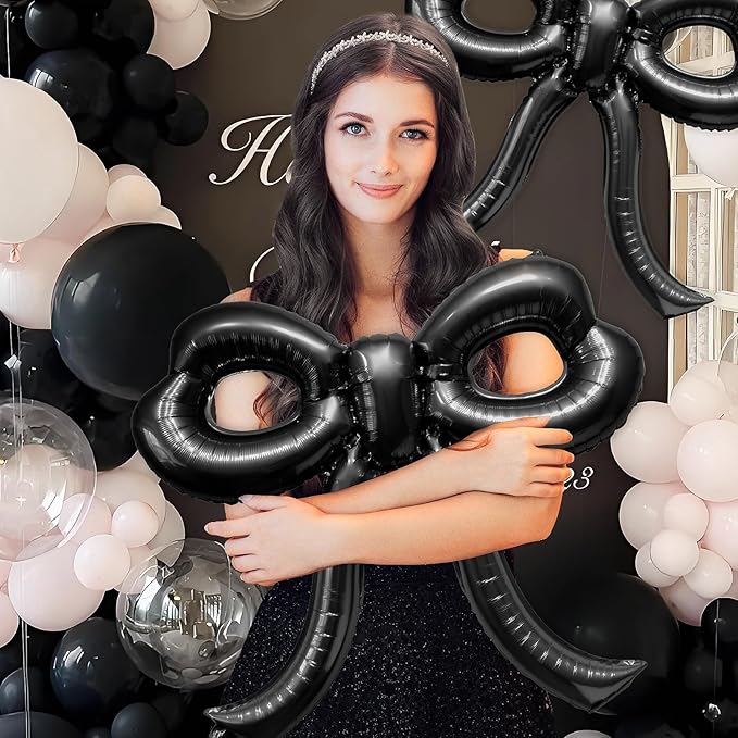 2 Pcs Bow Birthday Decorations Black Bow Balloons Bow Party Decorations Giant Foil Balloon for Girl Women Baby Shower Bridal Engagement Wedding Decor Bachelorette Party Supplies