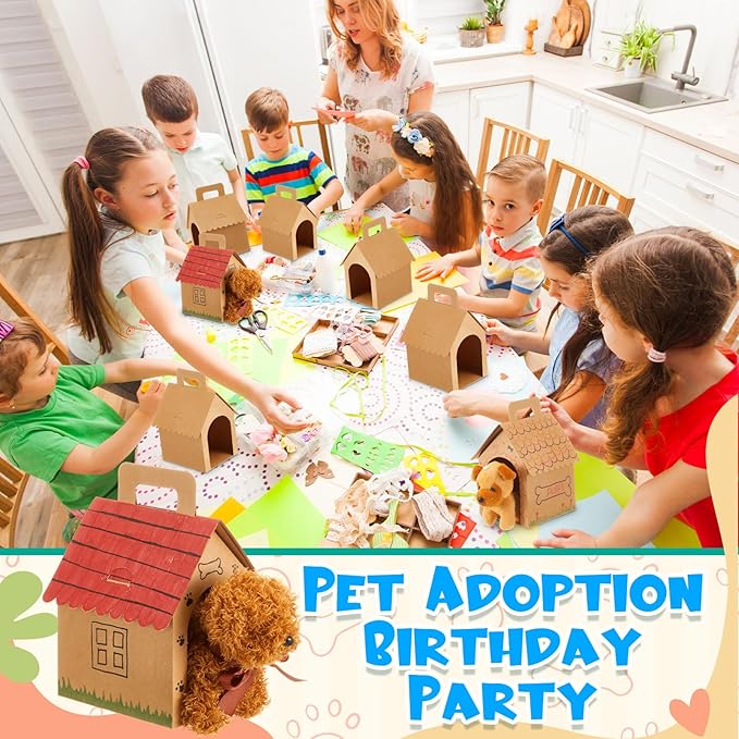 ShinyRelief 24 Pcs Dog Party Favors Boxes Dog House Shaped Treat Gift Boxes with Holes Foldable with Handle for Adopt a Puppy Party Favors Kid DIY Crafting Birthday (Kraft Paper Style)