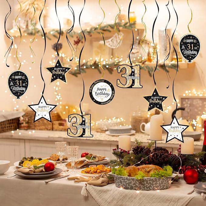 Happy 31st Birthday Black & Gold Glitter Swirls Streamers Party Decorations - 15 Pcs 31st Birthday Hanging Swirls Streamers Kit,Perfect for 31st Bday Party Sign.