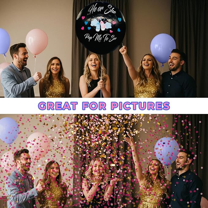 Gender Reveal Confetti Balloon Set, He or She Pop Me to See, 2 Pieces, Pink and Blue Baby Shower Decorations