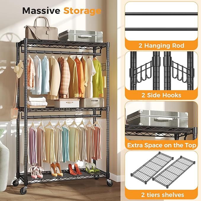 NEWBULIG Heavy Duty Adjustable Clothes Rack with Wheels, Adjustable Rolling Metal Freestanding Garment Closet Organizer with Double Rods & 2 Side Hooks for Hanging Clothes, 47"x17"x80", Black