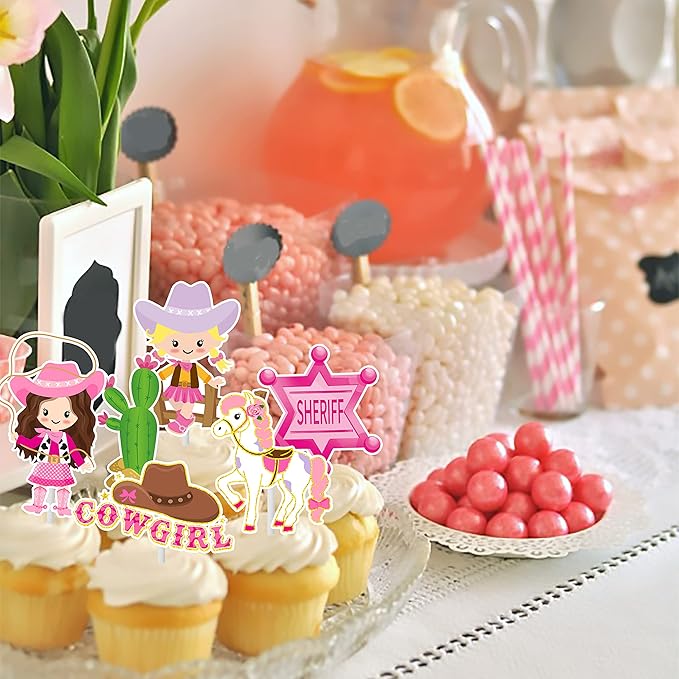 36Pcs Cowgirl Cupcake Toppers Western Theme Cake Decorations Pink Cowgirl Cupcake Toppers for Western Cowgirls Birthday Party Baby Shower Supplies