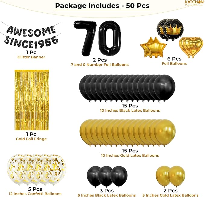 KatchOn, Happy 70th Birthday Decorations - Pack of 50 | Happy Birthday Banner, Latex Balloons Kit, Gold Foil Fringe, Star, Round, Heart Foil Balloons | 70th Birthday Decorations for Men, Women