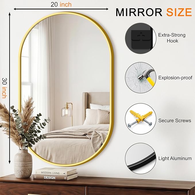 TRAHOME Oval Bathroom Mirror, 2 Pack 20"x30" Gold Vanity Mirror for Over Sink, Bedroom, Living Room, Entryway, Modern Mounted Metal Frame Wall Mirror