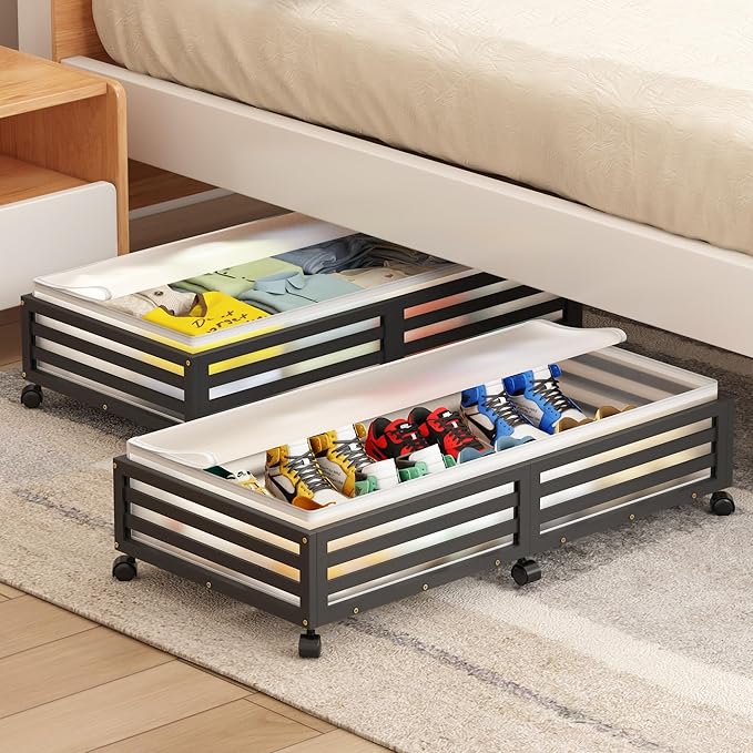 Under Bed Storage Containers With Wheels - 2 Pcs Large Bamboo Wood Rolling Underbed Shoe Storage Bins With Dust Bags for Clothes Blankets, Duvet Covers Snacks Toys (Black)