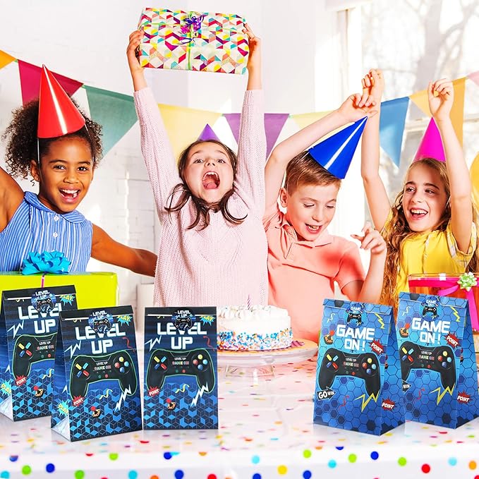 Geosar 30 Pack Video Game Party Favor Paper Bags Game on Goodie Candy Gift Bags with 30 Stickers Level up Reusable Goodie Treat Snacks Supplies for Boys Kids Gaming Birthday Party(Blue)