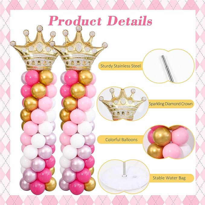 Princess Pink and White Gold Balloon Column Stand Kit Set of 2 for Floor Princess Birthday Party Balloon Arch Kit with 125PCS Hot Pink White Gold Balloon Towers for Girl Birthday Party Decorations