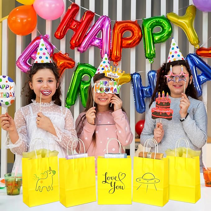 BLEWINDZ 32Pcs Small Paper Gift Bags with Tissues, Yellow Party Favor Bags with Handles, 8.7" Goodie Bag for Birthday, Shopping, Party Supplies