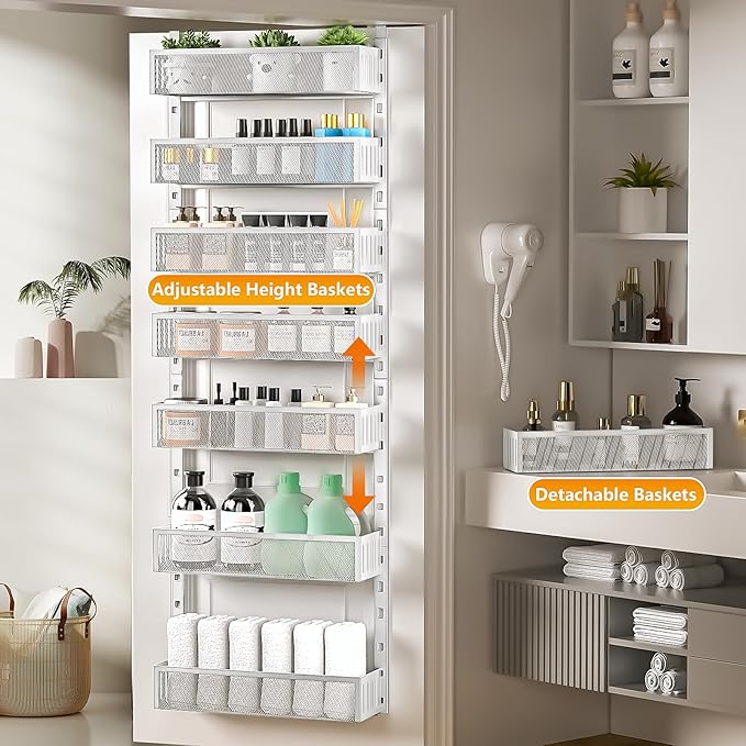 8-Tier Over The Door Pantry Organizer with Mesh Baskets, Adjustable & Stable Hanging Spice Rack for Kitchen, Bathroom, Bedroom, and Baby Essentials Storage (16" W 8-Tiers, White)