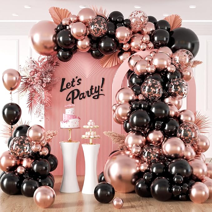 132pcs Rose Gold and Black Balloon Arch Kit, Metallic Rose Gold and Black Balloons Different Sizes of 18 12 10 Inch with Confetti Balloon for Wedding Graduation Baby Shower Birthday Party Decoration