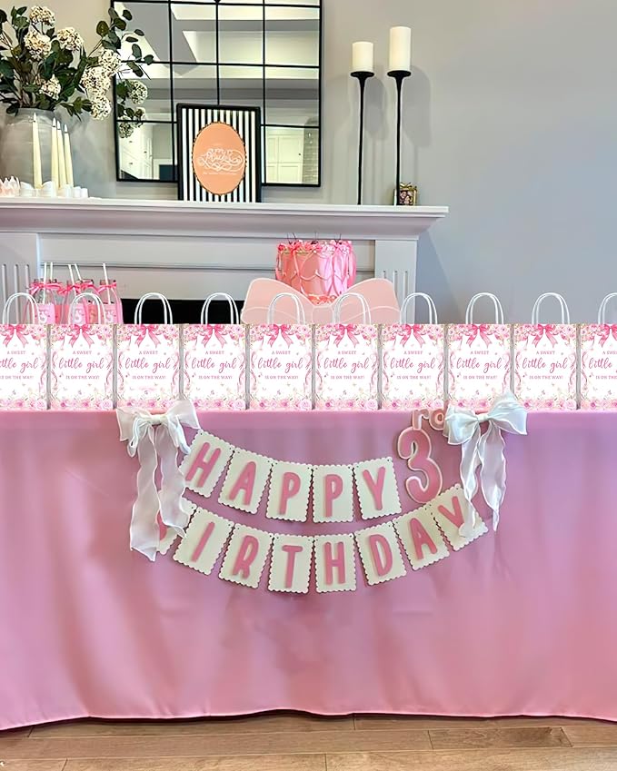 16 Pcs A Sweet Little Girl is on The Way Baby Shower Goodie Bag,Pink Bow Girls Gift Snacks Treat Candy Party Favors Bags for Pink Floral Theme Baby Shower Gender Reveal Party Decorations Supplies
