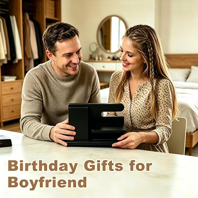 Gifts for Men Wood Phone Docking Station Birthday Gift for Men Valentines Day Gifts Father Gift for Him Boyfriend Nightstand Organizer Desktop Phone Stand Black