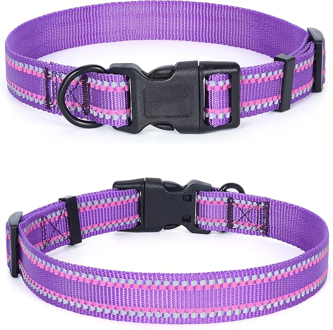 Mile High Life Reflective Dog Collar, Basic Dog Collars Adjustable Quick Release, Soft Nylon Pet Collar with Metal D-Ring for Small Medium Large Dogs (Purple, XS Neck9-13")