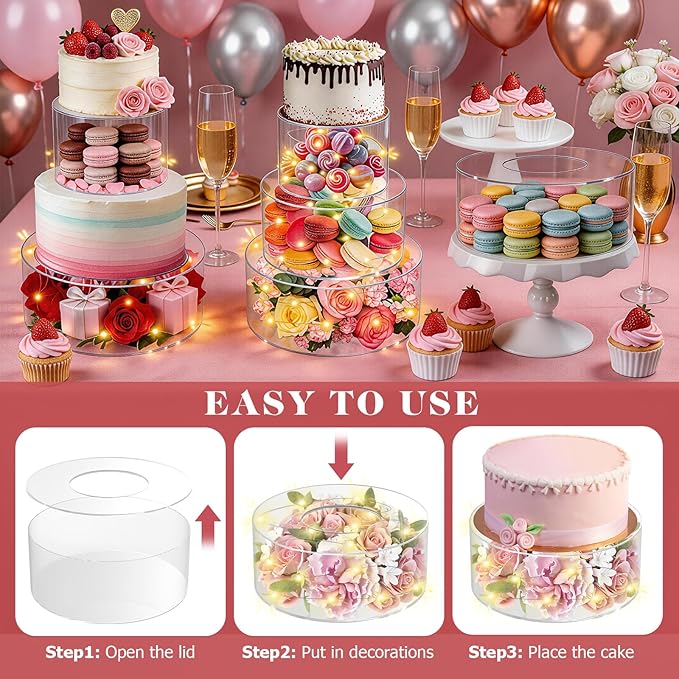 SAMYUCHO 3 Pcs Acrylic Cake Stand 6" Dx4 H 8" Dx4 H 10" Dx4 H with Led Lights for Party Wedding Cake Stand Tier Clear Cake Cupcake Display Centerpiece Floating Cup Cake Supports Stands for Stacking